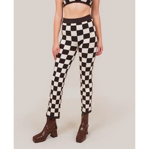 BELLE THE LABEL Carob Brown Knit Checkerboard High Rise Trousers Pants Womens XS - Picture 1 of 7